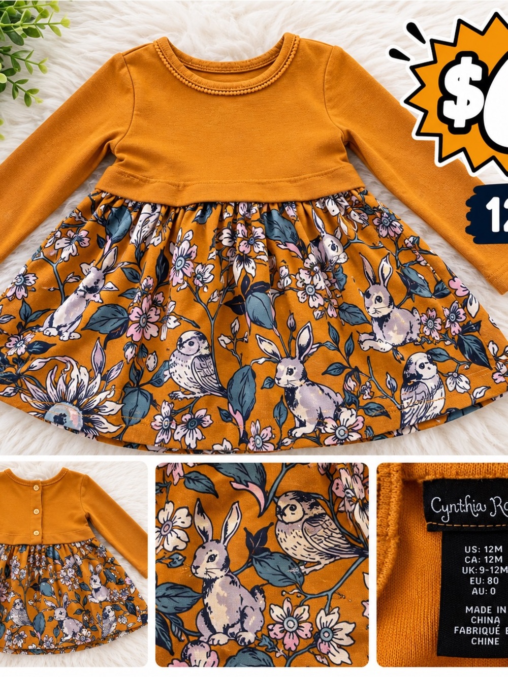 Cynthia Rowley Mustard Long-Sleeve Dress with Floral, Bunny & Bird Print